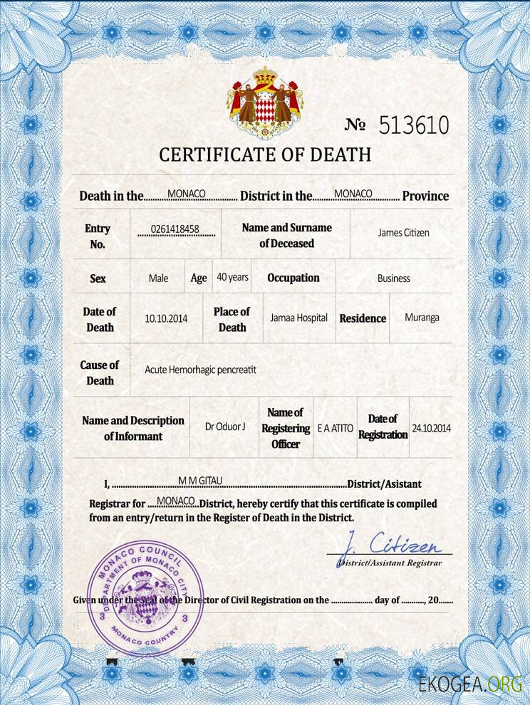 Modèle PSD de certificat de décès de l'état civil de Monaco